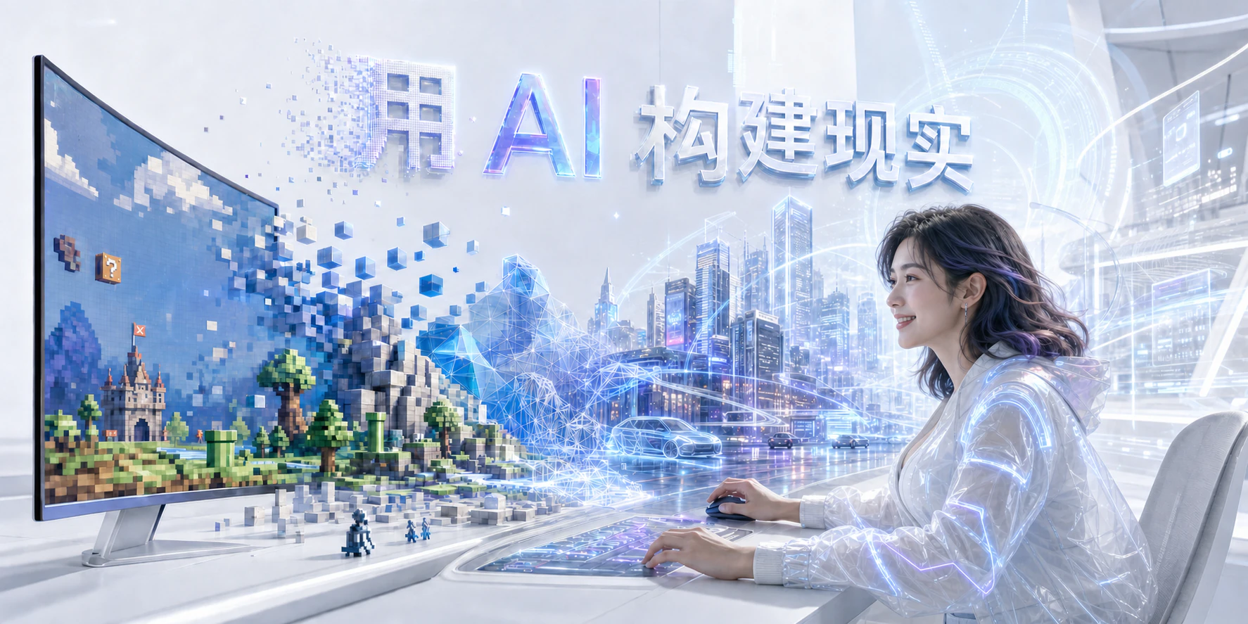 像素游戏世界逐步转化为高清未来城市，创作者在工作台前微笑